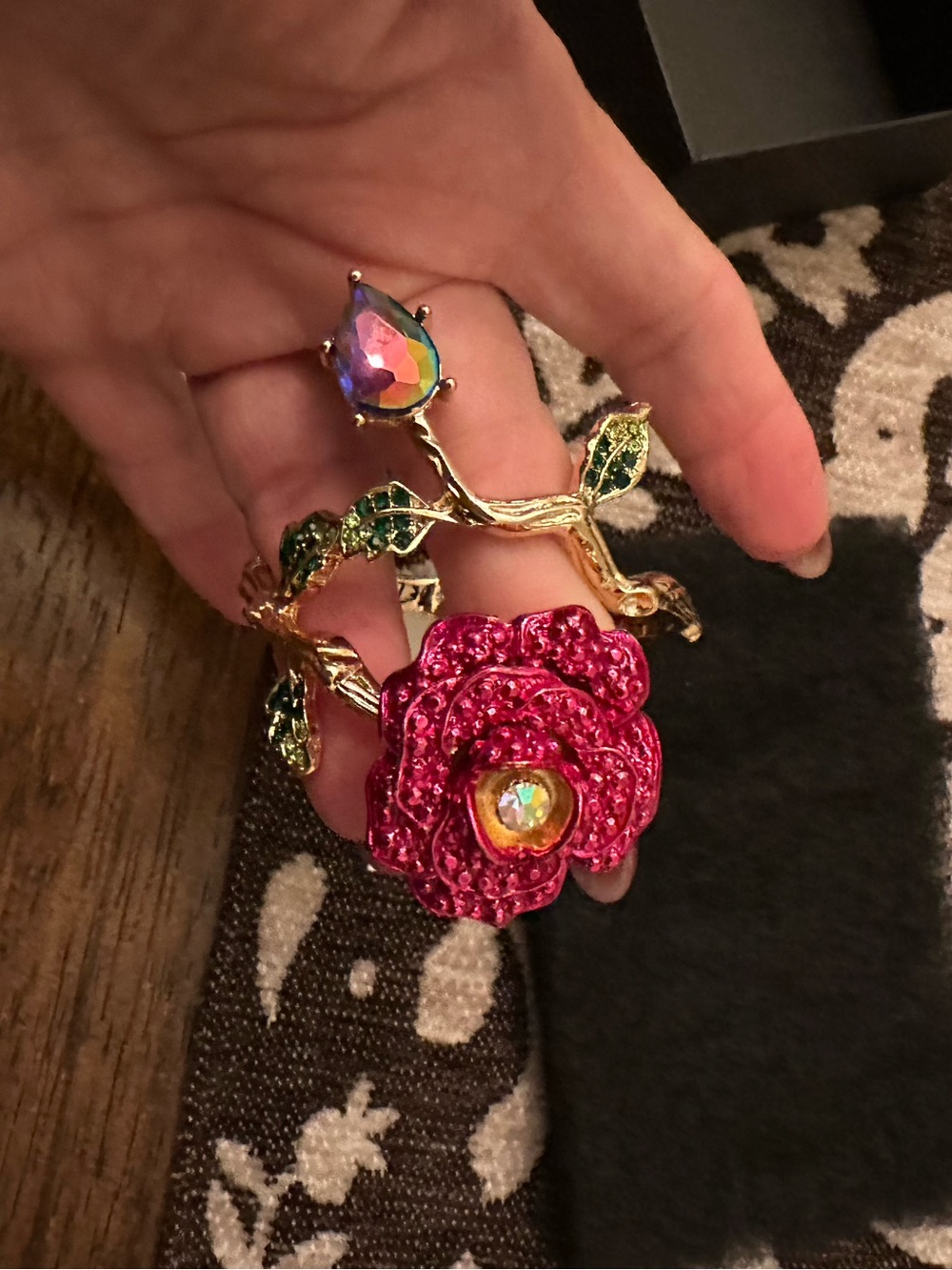 Betsey Johnson Gold-Tone Pink Rose BRACELETwith Green Leaf Accents